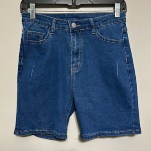 SHEIN Women's Denim Shorts Size 27 30 Blue Distressed Mid Rise Bermuda Casal